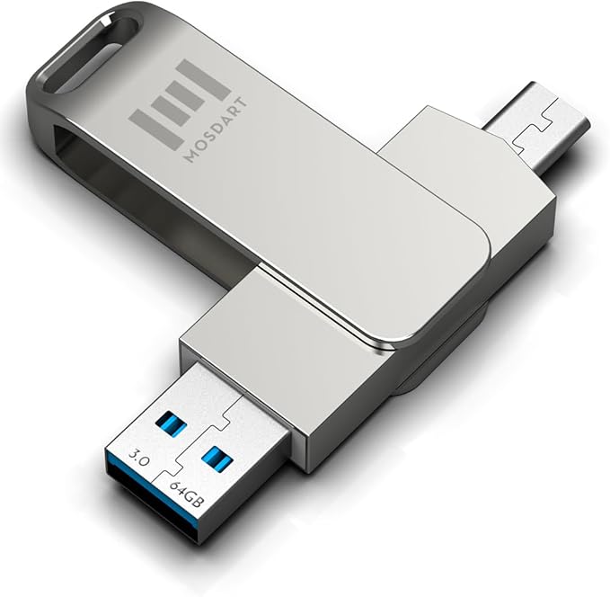 MOSDART 64GB USB3.1 Fast Speed C and A Dual Flash Drive, exFAT Memory Stick with Keychain Loop, for iPhone 15,16,17, Android Phone, iPad, MacBook, Silver