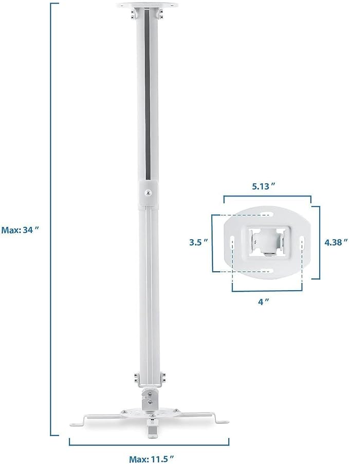 Mount-IT! Projector Ceiling Mount [30 lbs Capacity] Universal Bracket | 360 Full Motion with Tilt and Swivel Rotate | Adjustable Pole Height from 21-34.5 Inches, Extendable Arms (White | Long)