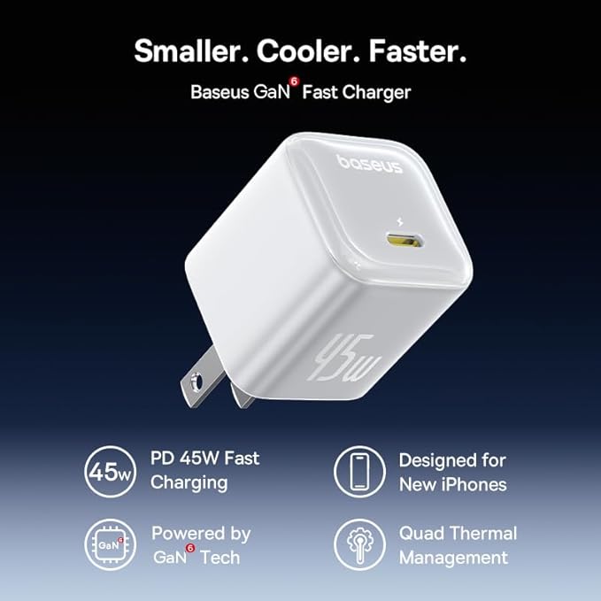 Baseus 45W USB C Charger Block, 2 Pack PPS Fast Charger Type C with USB-C Cable for iPhone 16/15 Series, iPad, Galaxy S24 Ultra and More Series