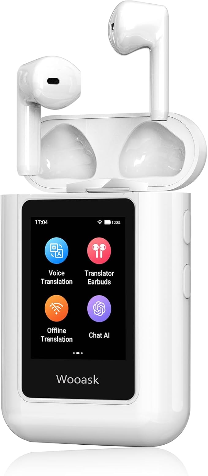 Wooask A8 Translation Earbuds Real Time with ChatGPT, Offline Translator Earbuds No APP Needed, 144 Languages Two-Way Voice Translation for Travel & Business (White, Offline)