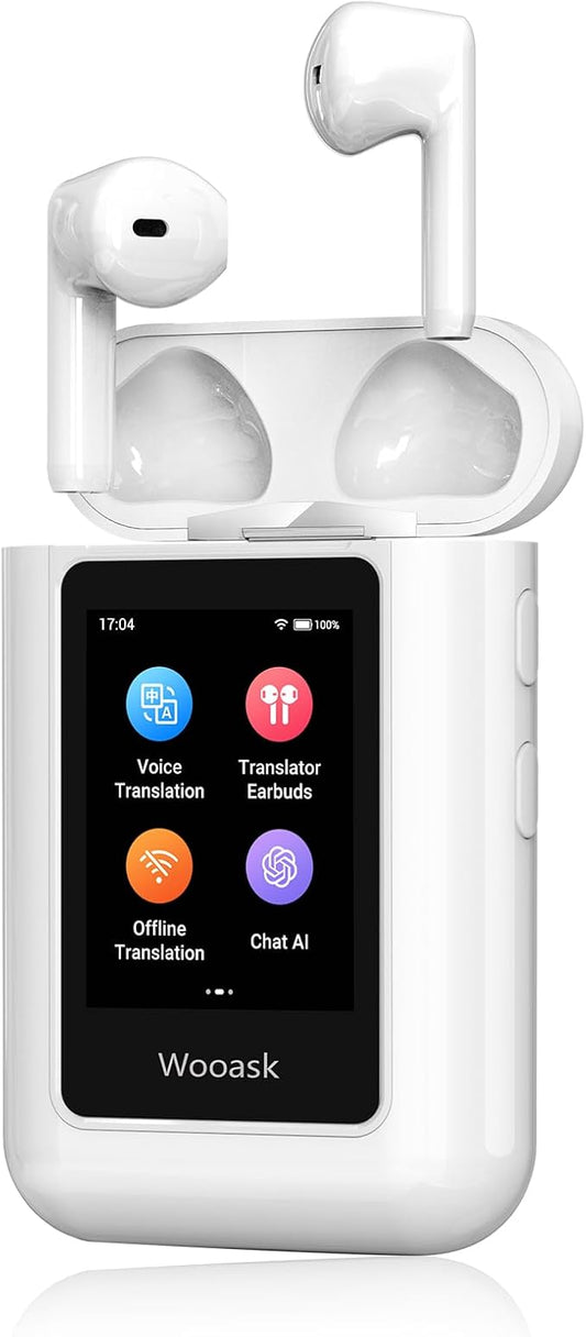 Wooask A8 Translation Earbuds Real Time with ChatGPT, Offline Translator Earbuds No APP Needed, 144 Languages Two-Way Voice Translation for Travel & Business (White, Offline)