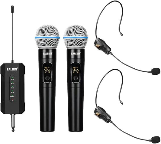 ES-384 4-CH UHF Wireless Handheld Microphone System - 164ft Range, Rechargeable Receiver, Plug-and-Play for Karaoke & Live Shows - 2 Handheld 2Headset Mics Included (4-CH 2HANDHELD 2HEADSET)
