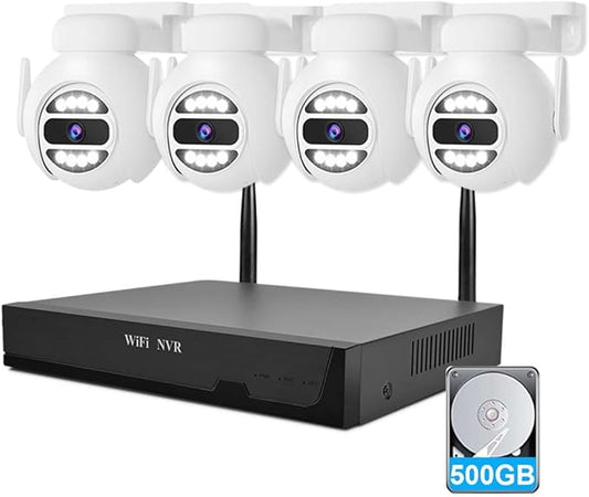 [Auto Tracking Alert 360° PTZ & 2-Way Audio] 8CH Plug&Play Wireless Cameras for Home Security, 4x1920P 5MP IP67 IR&Full Color Night Vison AI Motion Detection, 500G HDD 24/7 Recording Remote Control