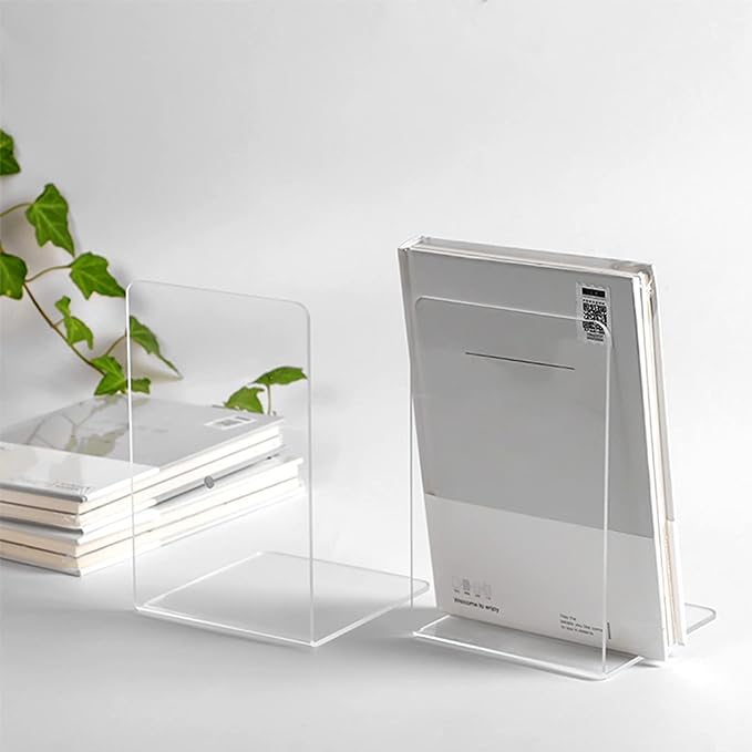 Lulonpon 8 Pieces Book Ends, Bookends, Books Stand, Books Stoppper, Clear Bookend for Shelves, Acrylic Book Ends for School, Library, Desktop Organizer ﻿