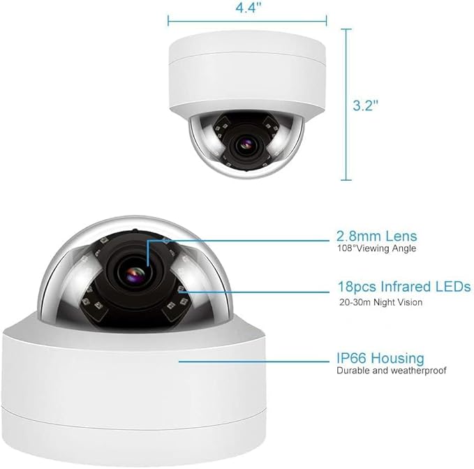 Real HD 6MP PoE IP Vandal Dome Security Camera Outdoor, 2.8mm Wide Angle, H.265, IP67 IK10, Support Firmware Upgrade, Compatible with NVR, NDAA Compliant