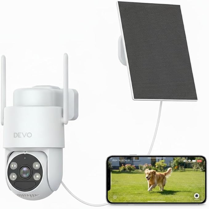 Devo Solar Security Camera Wireless Outdoor, 2.3K HD 360° PTZ Color Night Vision, AI/PIR Human Detection, 2-Way Audio, Solar & Battery Powered, WiFi 6, IP66 Waterproof, Triple Alert System White