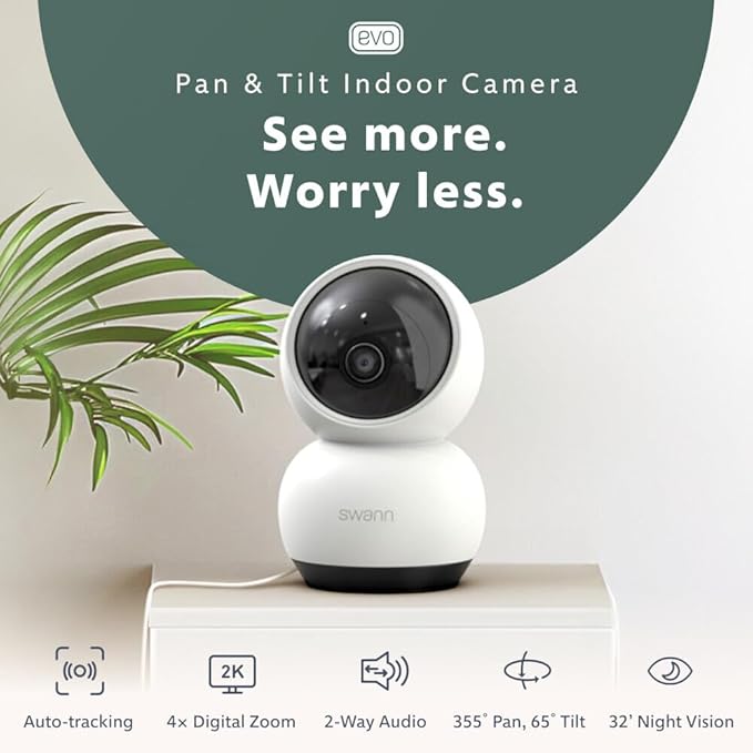 Swann EVO 2K Pan-Tilt Indoor Wi-Fi Security Camera: 2K HD video, plug-in, auto tracking, sound/motion/pet/person detection, live view, night vision, 2-way talk/siren, baby monitor, local/cloud storage