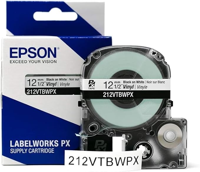 Epson LABELWORKS 212VTBWPX-5PK Genuine Tape Cartridge - 5 Pack Black on White Flexible and Durable Vinyl Industrial Label Maker Tape - 1/2" (12MM) Wide, 22.9 ft - 5 Cartridges