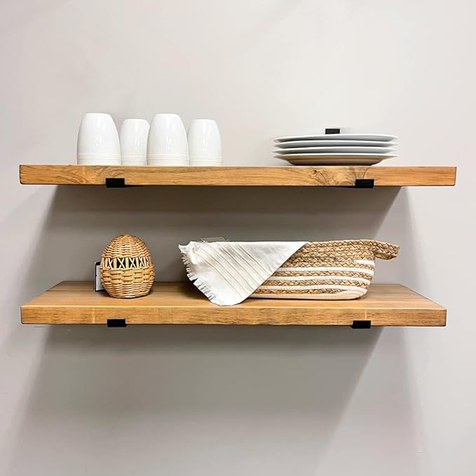 Rustic Shelves with J-Brackets Set of 2, Industrial Shelf, Kitchen Shelves, Solid Wood, Decorative Wall Storage, Heavy Duty, URBANDI (Brown, 12Wx6D)