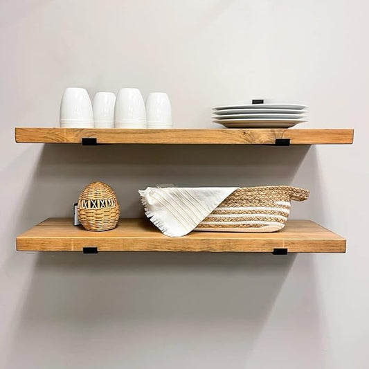 Rustic Shelves with J-Brackets Set of 2, Industrial Shelf, Kitchen Shelves, Solid Wood, Decorative Wall Storage, Heavy Duty, URBANDI (Brown, 48Wx8D)
