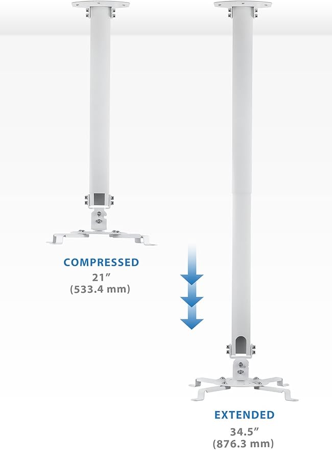 Mount-IT! Projector Ceiling Mount [30 lbs Capacity] Universal Bracket | 360 Full Motion with Tilt and Swivel Rotate | Adjustable Pole Height from 21-34.5 Inches, Extendable Arms (White | Long)