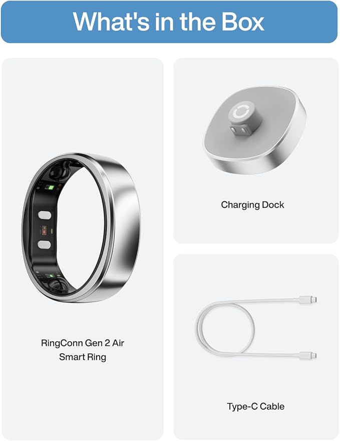 RingConn Gen 2 Air, Ultra-Thin AI Smart Ring, 10-Day Battery Life, Fitness/Sleep/Stress/HR Tracker for Women&Men, No App Fee for Standard Features, iOS & Android Compatible (Size 8, Galaxy Sliver)