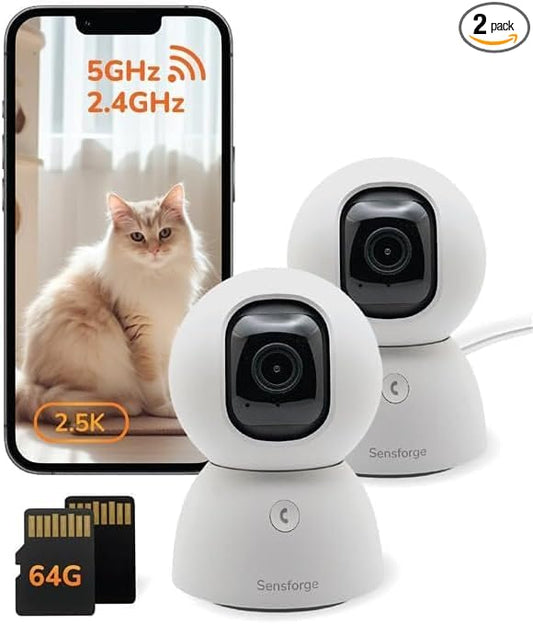 Sensforge 2.5K White Indoor Pan-Tilt Dome Security Camera (2-Pack), AI Human & Pet Detection, 360° Coverage, Two-Way Audio, Dual-Band Wi-Fi (2.4G/5G), 64GB SD Card Included, No Monthly Fees