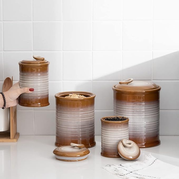 Nihow Ceramic Food Storage Jar Sets: Container with Air Tight Ceramic Lid for Flour/Sugar/Rice/Coffee/Cookies/Candy - Seal Damp-proof Canister for The Kitchen - Set of 4 (Brown)
