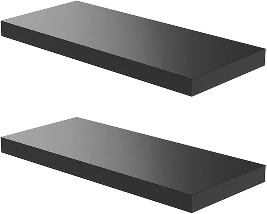 Floating Shelf, Set of 2 Wall Shelf, 24 in W x 12.75 in D x 2 in H Wooden Floating Wall Shelf with Invisible Brackets for Living Room/Bedroom/Bathroom/Kitchen Storage and Decor, Black