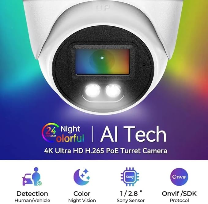 4K PoE Security Camera, 8MP IP Turret Dome, Big Sensor, Built-in Microphone, Smart Dual-Light Color Night Vision, IP67 Outdoor/Indoor, NDAA Compliant, ONVIF Compatible