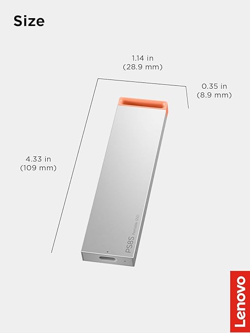 Lenovo PS8S 1TB Portable SSD, Up to 1050MB/s Read, 1000MB/s Write, USB 3.2 USB-C, Slim Lightweight (40g) Aluminum Body, Reliable Storage for PC/Mac & Android