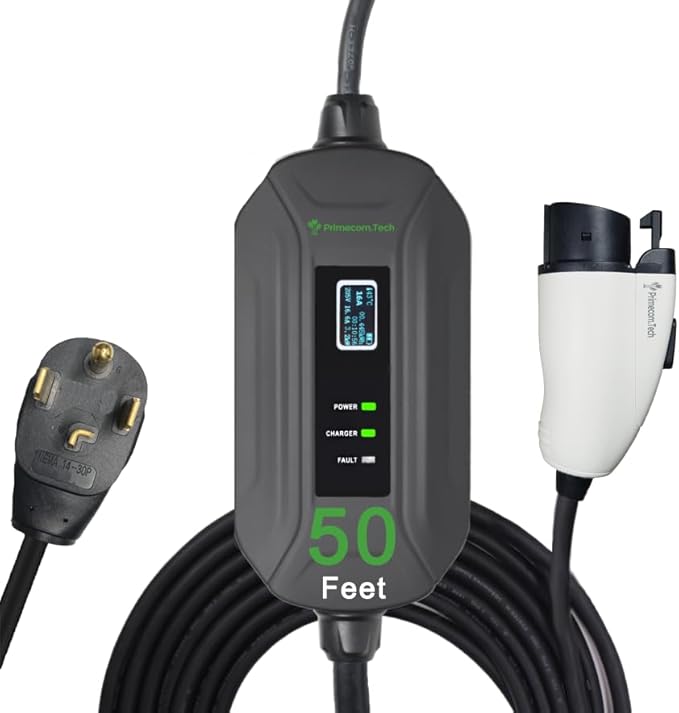PRIMECOM Level 2 Electric Vehicle (EV) Charger (220V / 240Volt, 16Amp) Portable EVSE Smart Electric Car Charger, 30', 40', and 50 Feet Lengths (NEMA 14-30P, 50 Feet)