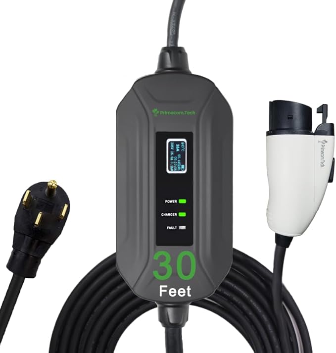 PRIMECOM Level 2 Electric Vehicle (EV) Charger (220V / 240Volt, 16Amp) Portable EVSE Smart Electric Car Charger, 30', 40', and 50 Feet Lengths (30 Feet, 14-50P)