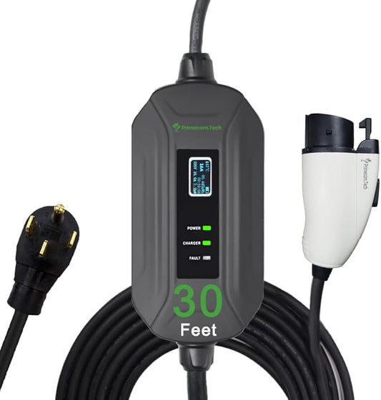 PRIMECOM Level 2 Electric Vehicle (EV) Charger (220V / 240Volt, 16Amp) Portable EVSE Smart Electric Car Charger, 30', 40', and 50 Feet Lengths (30 Feet, 14-50P)