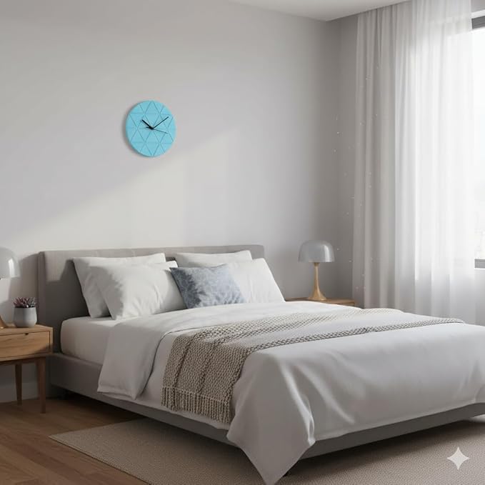 Turquoise Blue Wooden Wall Clock 24cm Round Geometric Triangle Pattern MDF, (Batteries not Included)