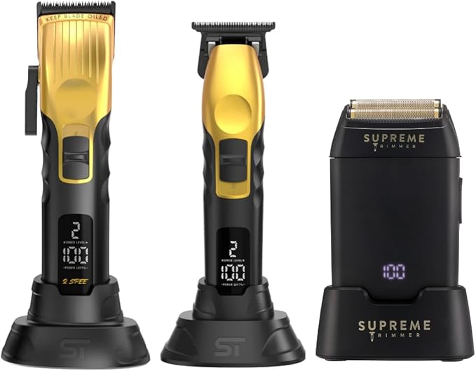 Supreme Trimmer 3-in-1 Barber Bundle | 2Spee Clipper, 2Spee Trimmer & Crunch Foil Shaver | Professional Beard Trimmer Men’s Hair Clipper Kit | (Gold)