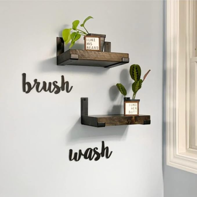 Rustic Shelves with J-Brackets Set of 2, Industrial Shelf, Kitchen Shelves, Solid Wood, Decorative Wall Storage, Heavy Duty, URBANDI (Dark Brown, 48Wx10D)