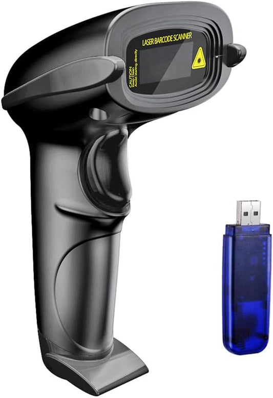 NADAMOO Wireless Barcode Scanner 328 Feet Transmission Distance USB Cordless 1D Laser Automatic Barcode Reader Handhold Bar Code Scanner with USB Receiver for Store, Supermarket, Warehouse - Black