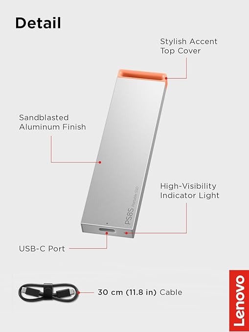 Lenovo PS8S 2TB Portable SSD, Up to 1050MB/s Read, 1000MB/s Write, USB 3.2 USB-C, Slim Lightweight (40g) Aluminum Body, Reliable Storage for PC/Mac & Android