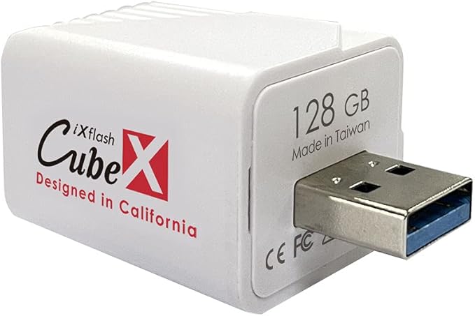 iXflash Cube 128GB Photo Backup Device for iPhone & iPad, Apple MFi Certified Auto Photo & Video Storage, USB Type A Data Cube External Drive