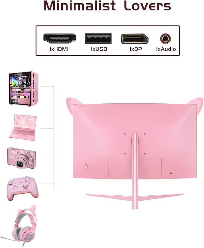 FY27QHP Pink Monitor 27 Inch Curved Gaming 165Hz - Support 144Hz 1800R 1ms QHD 2560 x 1440P VA Screen, Built-in Speakers, AMD Free-Sync, HDMI, DP, USB, AUX, Tilt Adjustable