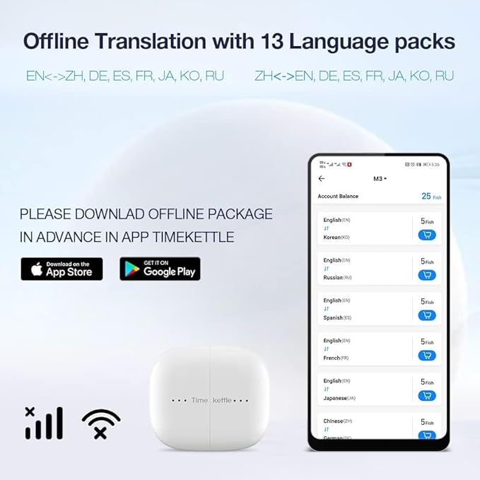 Timekettle M3 3 in 1 Language Translation Earbuds,43 Languages & 96 Accents, Offline Translator, No Subscription,for Exploring Expat Life Freely, APP Compatible with iOS & Android