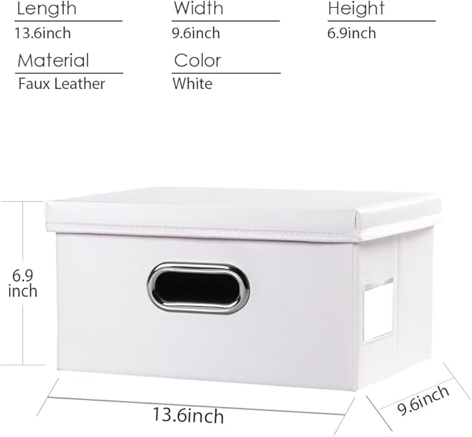PRANDOM Collapsible Storage Box with Lid [1-Pack] Leather Fabric Foldable Storage Bin Organizer Container Basket Cube with Cover for Home Bedroom Closet Office Nursery White (13.6x9.6x6.9)