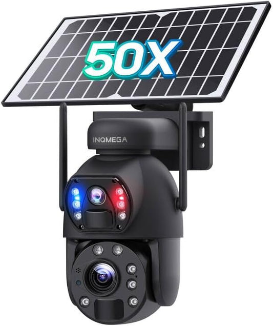 INQMEGA [50X Optical Zoom] Metal 4G LTE Cellular Solar Camera,6MP Solar Camera Wireless Outdoor,12000mAh Battery& 6W Solar Panel,Color Night Vision,Dual Screen,Include 4G Card