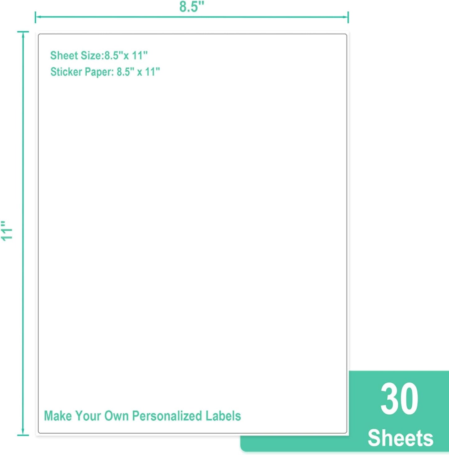 L LIKED 30 Printable White Sticker Paper Full Sheet Label, Matte, 8.5" x 11" for Laser & Inkjet Printers (30 Sheets)