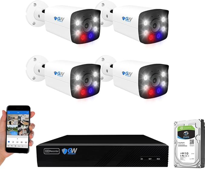 GW Security 8 Channel 4K NVR H.265 8MP Fulltime Color Night Vision Security Camera System with 4 UltraHD 4K IP Two-Way Audio Outdoor PoE Security Cameras, Smart AI Human Detection