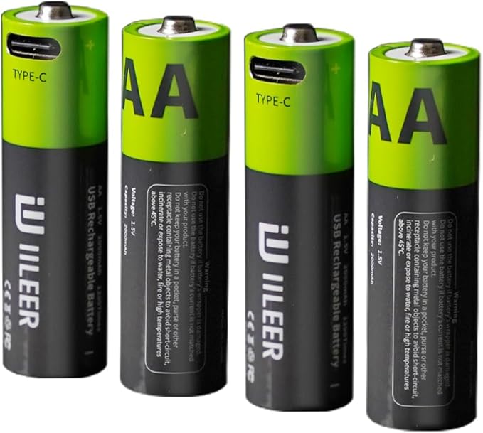 2000mAh USB-C Rechargeable AA Batteries, 1200 Cycles Life, Fast Charging with Type-C Cable, for Gaming Controllers, Mouse, Keyboard & Home Electronics, Black Green (4)
