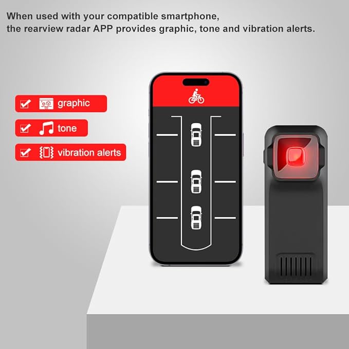 BY-J Bike Radar Tail Light, Visual and Audible Alerts for Approaching Vehicle, Compatible with Garmin Wahoo Bike Computers & Smartphone