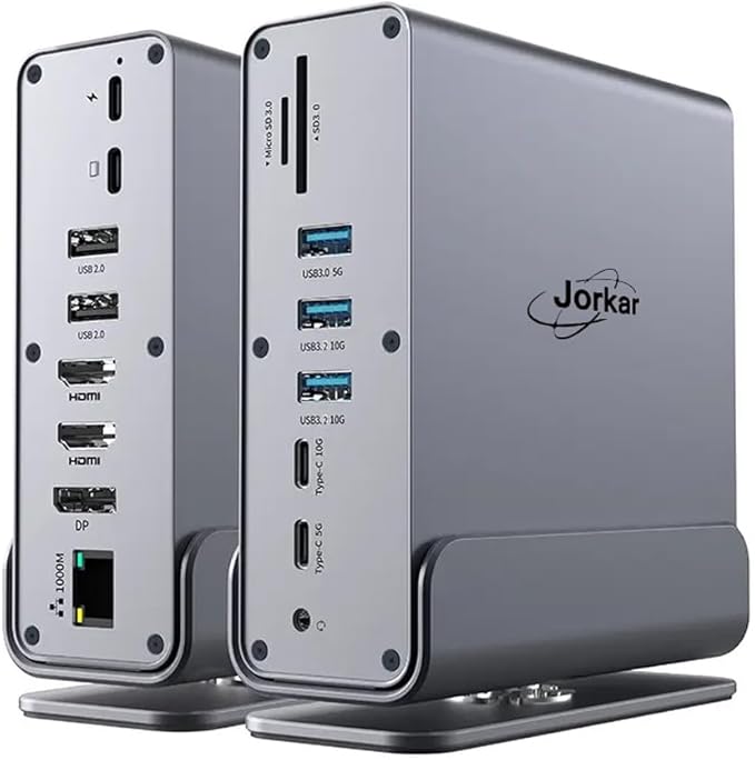 Vertical Laptop Docking Station 3 Monitors, 15-in-1 USB C Dock Station Hub Triple Display with 2X 4K HDMI & 1x DP, 10Gbps USB-C and USB-A 3.2 Data, 100W PD Charging+Ethernet+SD/TF+Audio