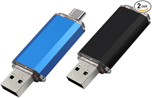 2-Pack 16GB USB C Flash Drive Dual Flash Drive Type C + USB A Memory Stick Jump Drive 2-in-1 Thumb Drive for Storage and Backup (16GB*2 Black&Blue)