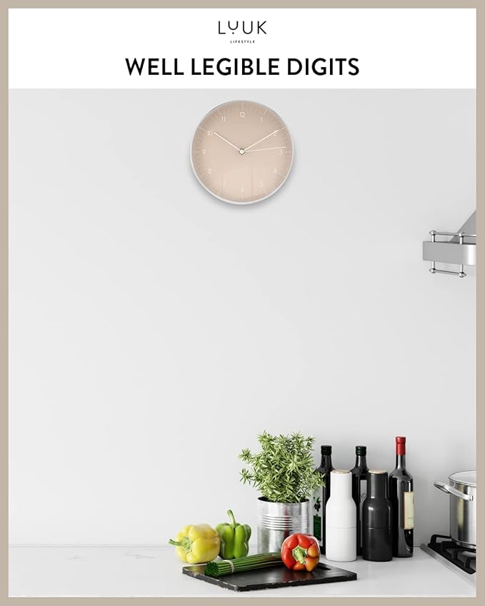 LUUK LIFESTYLE Modern Quartz Wall Clock with Silent Movement, Second Hand and Arabic Numerals, Deco for Kitchen, Bedroom, Office, Cream I Beige