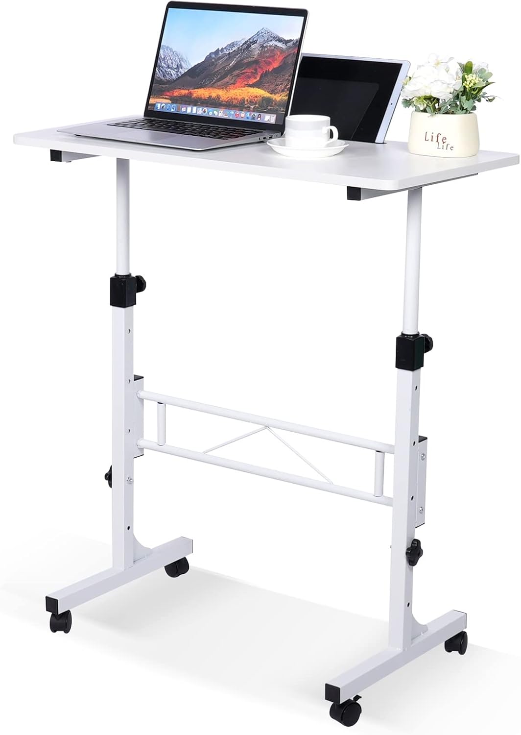 KLSMYHOKI Portable Standing Desk Adjustable Height, Small Computer, Laptop, Mobile Stand Up Rolling Desk with Wheels, Table for Home Office, 16"x31.5" Height 27"-43.5", White