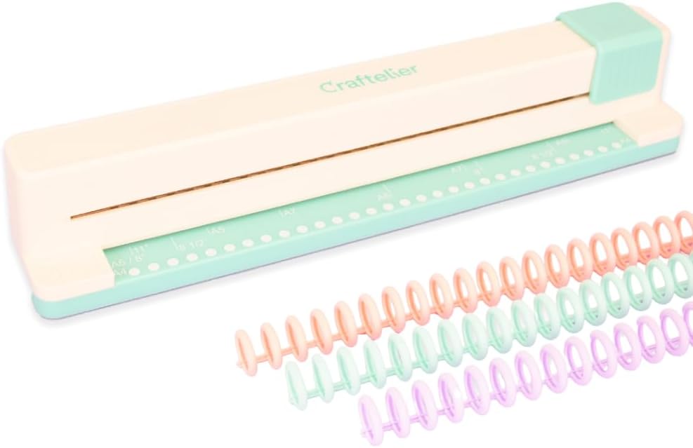 Craftelier - 30 Holes Binding Machine for Planners - A4, A5, A6, A7 and US Letter Size Formats - Includes 6 Spines of Pastel Tones - 5 Sheet Capacity Punch for Notebooks Making and Scrapbooking