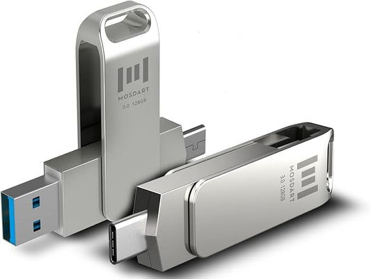 MOSDART 128GB USB3.1 Fast Speed C and A Dual Flash Drive, exFAT Memory Stick with Keychain Loop, for iPhone 15,16,17, Android Phone, iPad, MacBook, Silver(Pack of 2)
