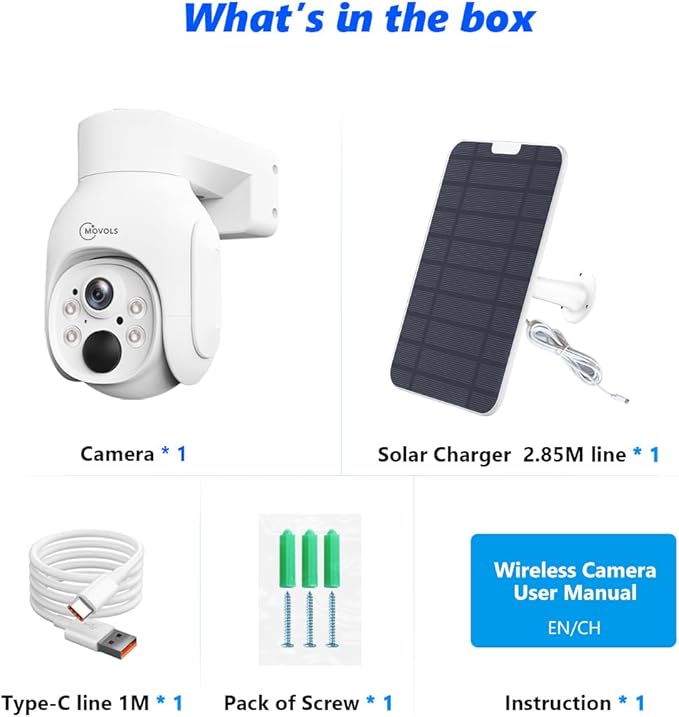 Movols 4MP Solar Security Camera Wireless PTZ Cameras Can Match with Movols 4K NVR Surveillance System.Color Night Vision, Motion Alert, Two-Way Audio,IP66 Home Surveillance.