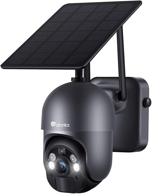 Ctronics 3MP Solar Security Camera Wireless Outdoor WiFi, PTZ Surveillacne Camera Battery-Powered for Home Security, 360° View, Spotlight Color Night Vision, PIR Human Detection, 2-Way Audio (Grey)