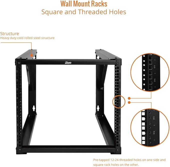 Tecmojo 9U Wall Mount Rack, Wall Mount Network Rack 24.8in Depth, Open Frame Server Rack for 19in IT/AV/Data/Home Equipment, Black