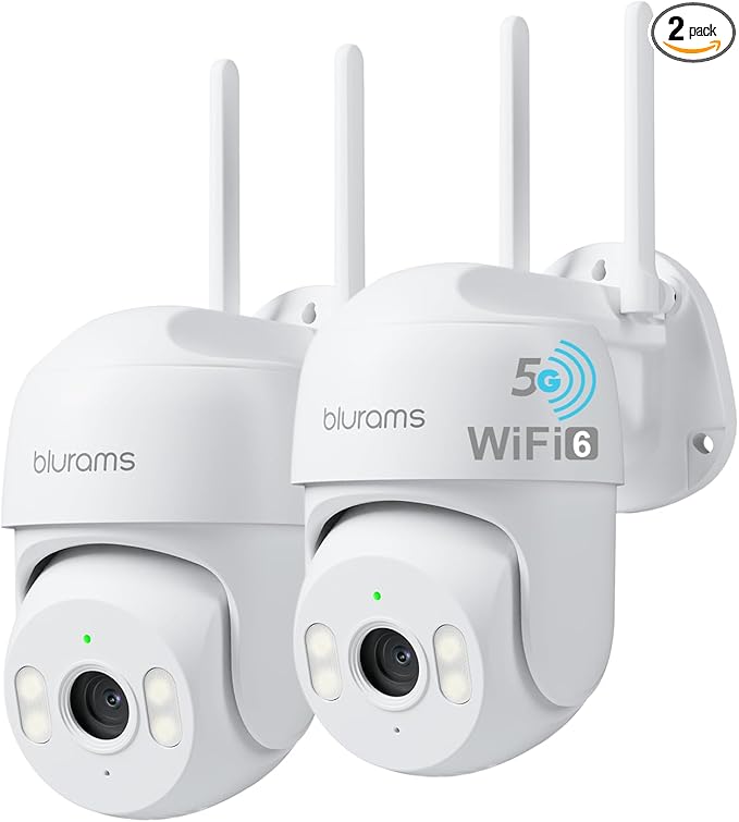 blurams 2K Security Camera Outdoor, Pan-Tilt Outdoor Camera Wired w/360° View, Motion Tracking, 2.4/5GHz WiFi 6, 2-Way Audio, Weatherproof, Free Person/Motion Detection, 24/7 Recording 2Pack