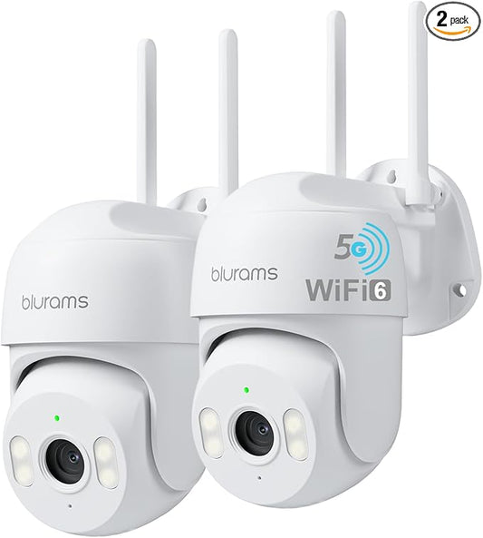 blurams 2K Security Camera Outdoor, Pan-Tilt Outdoor Camera Wired w/360° View, Motion Tracking, 2.4/5GHz WiFi 6, 2-Way Audio, Weatherproof, Free Person/Motion Detection, 24/7 Recording 2Pack
