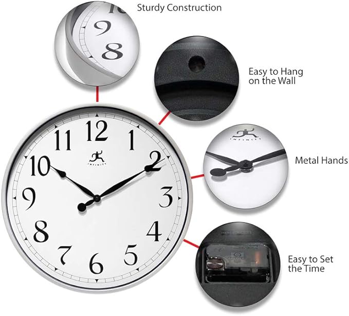 Infinity Instruments Large 18 inch Round Non-Ticking Silent Battery Operated Easy to Read Clock for Office, Classroom, School, Silver